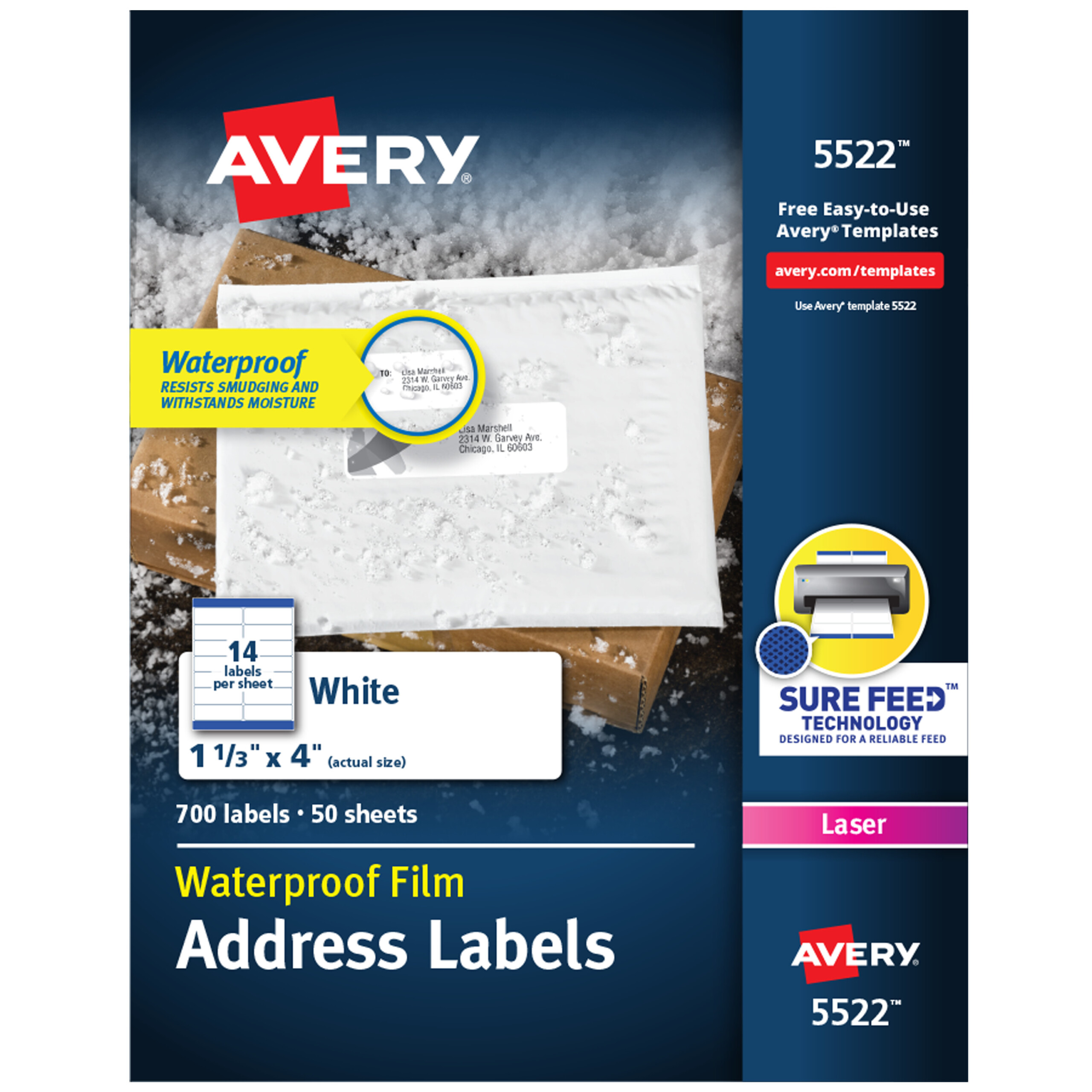 Avery Waterproof Labels Sure Feed 1 1 3 X 4 700 Labels 5522 