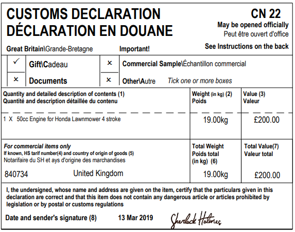 CN22 Example Printed Form Template EdgeCTP