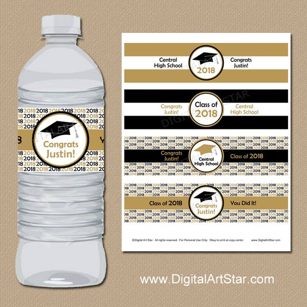 Personalized 2022 Graduation Water Bottle Labels Printable Black Gold 